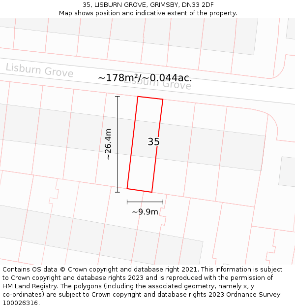 35, LISBURN GROVE, GRIMSBY, DN33 2DF: Plot and title map