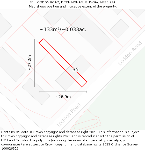 35, LODDON ROAD, DITCHINGHAM, BUNGAY, NR35 2RA: Plot and title map
