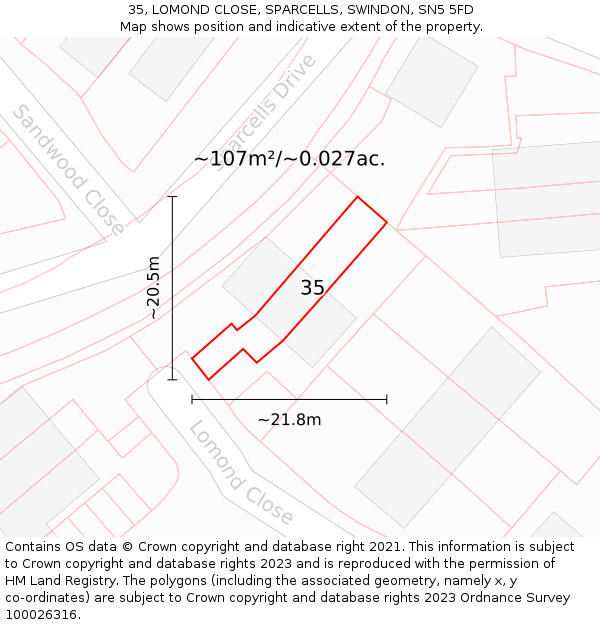35, LOMOND CLOSE, SPARCELLS, SWINDON, SN5 5FD: Plot and title map