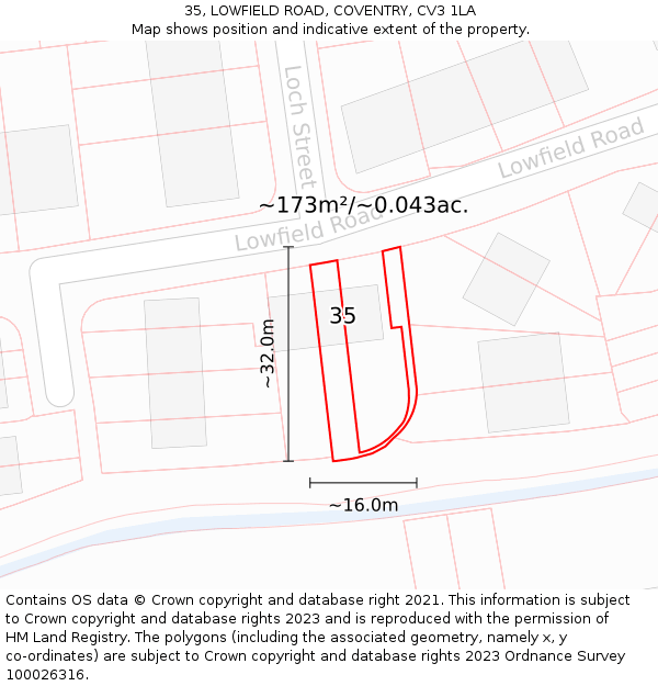 35, LOWFIELD ROAD, COVENTRY, CV3 1LA: Plot and title map