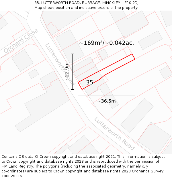 35, LUTTERWORTH ROAD, BURBAGE, HINCKLEY, LE10 2DJ: Plot and title map