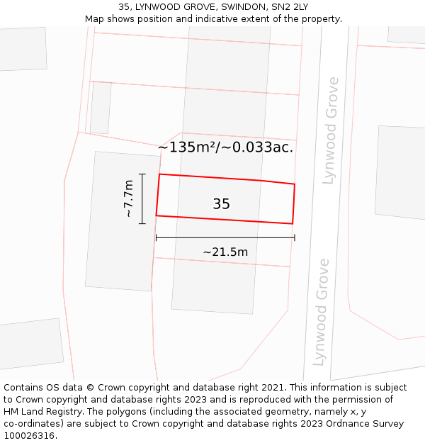 35, LYNWOOD GROVE, SWINDON, SN2 2LY: Plot and title map