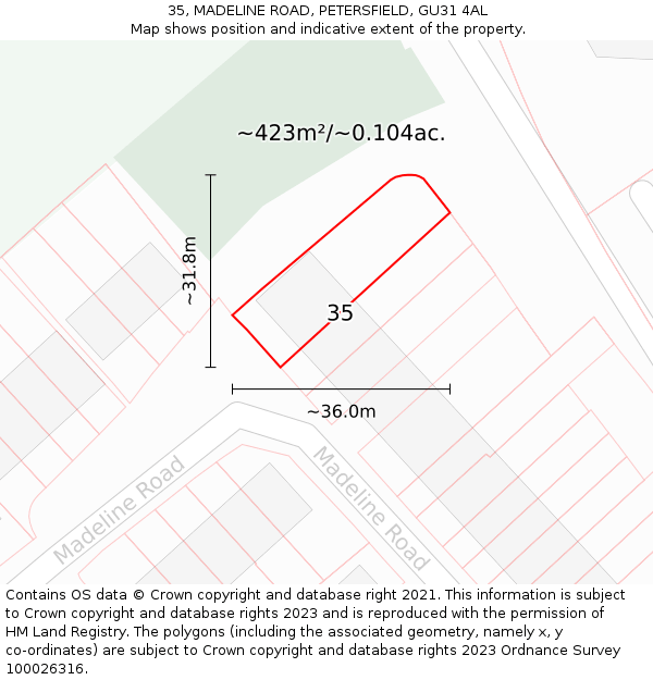 35, MADELINE ROAD, PETERSFIELD, GU31 4AL: Plot and title map
