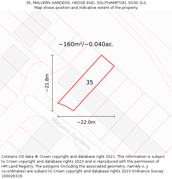 35, MALVERN GARDENS, HEDGE END, SOUTHAMPTON, SO30 2UL: Plot and title map