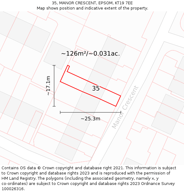 35, MANOR CRESCENT, EPSOM, KT19 7EE: Plot and title map