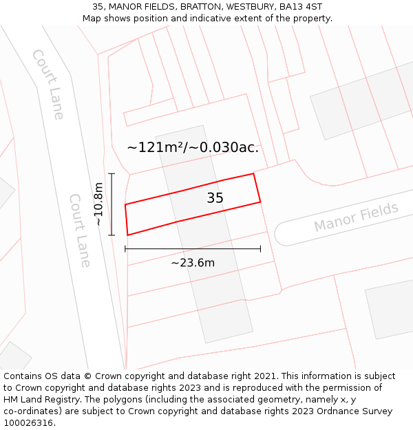 35, MANOR FIELDS, BRATTON, WESTBURY, BA13 4ST: Plot and title map