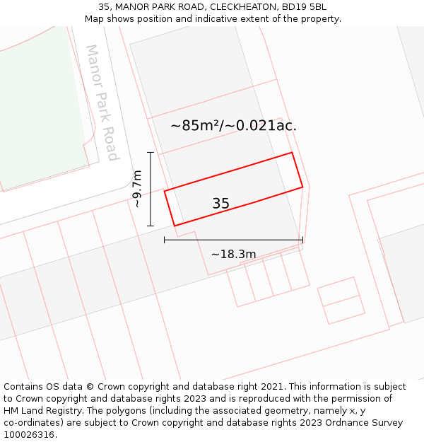 35, MANOR PARK ROAD, CLECKHEATON, BD19 5BL: Plot and title map