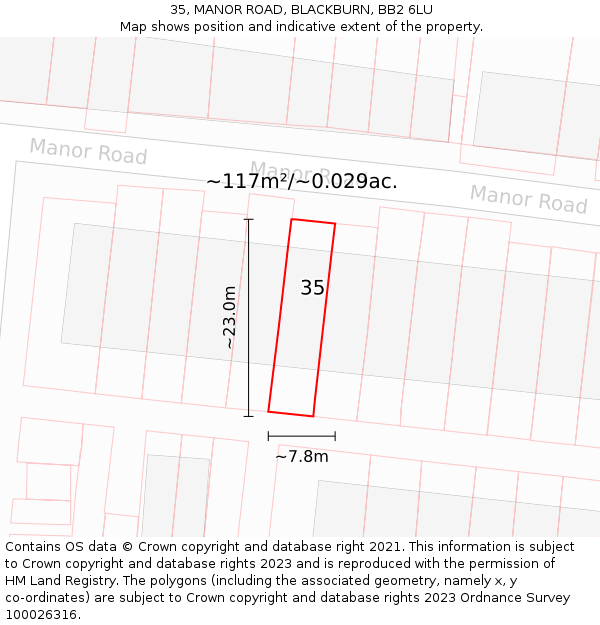 35, MANOR ROAD, BLACKBURN, BB2 6LU: Plot and title map