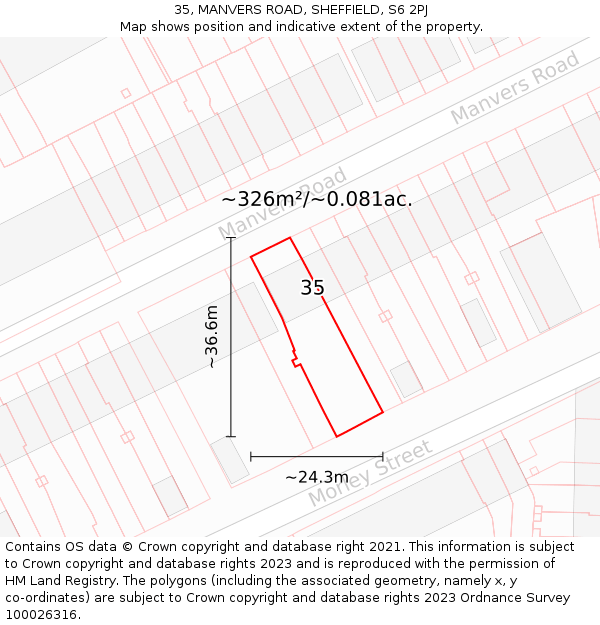35, MANVERS ROAD, SHEFFIELD, S6 2PJ: Plot and title map