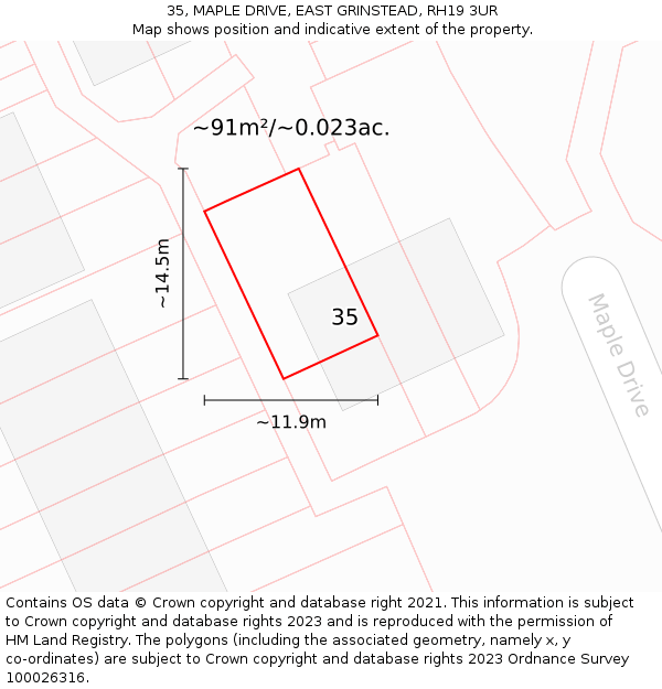 35, MAPLE DRIVE, EAST GRINSTEAD, RH19 3UR: Plot and title map