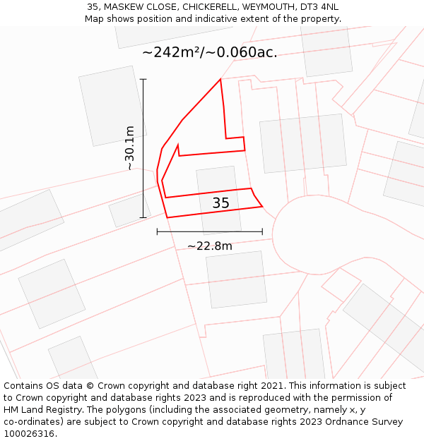 35, MASKEW CLOSE, CHICKERELL, WEYMOUTH, DT3 4NL: Plot and title map