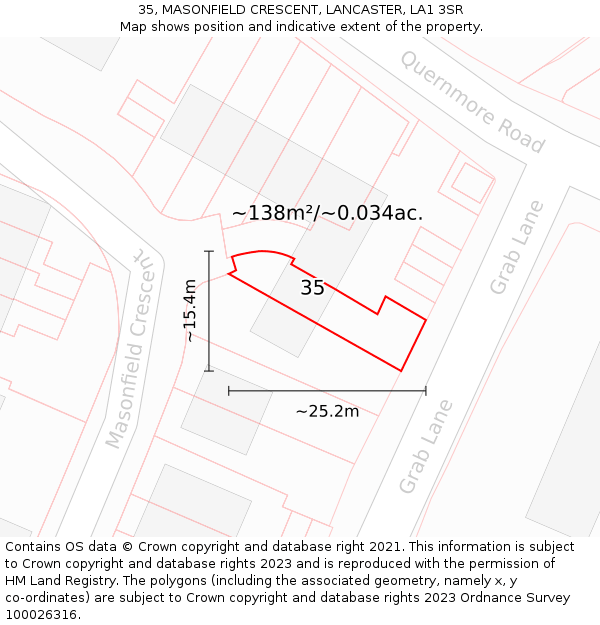 35, MASONFIELD CRESCENT, LANCASTER, LA1 3SR: Plot and title map