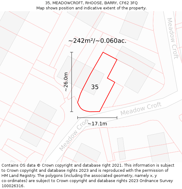 35, MEADOWCROFT, RHOOSE, BARRY, CF62 3FQ: Plot and title map