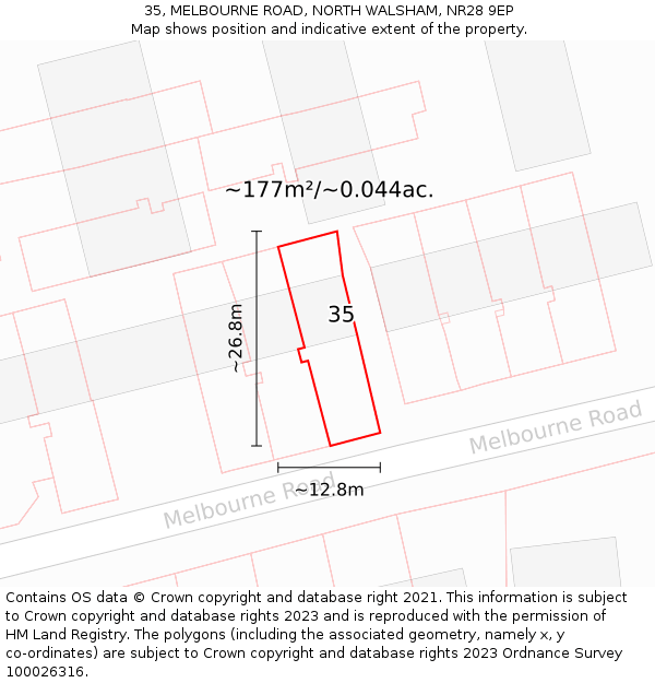 35, MELBOURNE ROAD, NORTH WALSHAM, NR28 9EP: Plot and title map