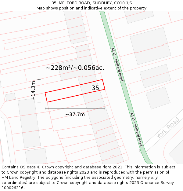35, MELFORD ROAD, SUDBURY, CO10 1JS: Plot and title map