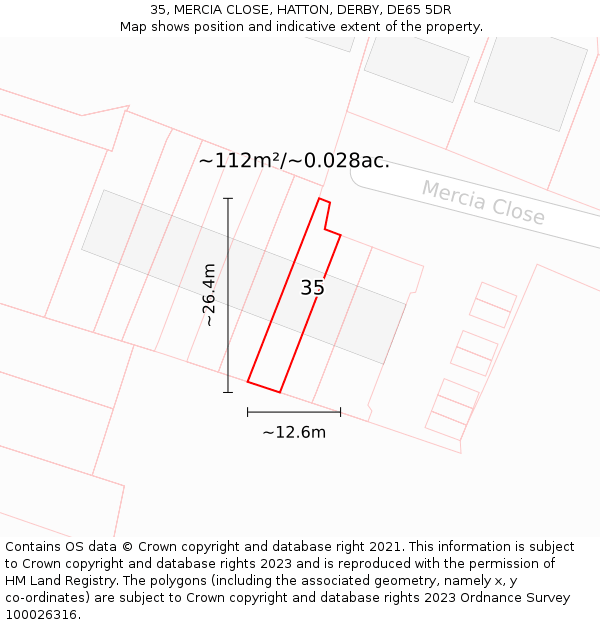 35, MERCIA CLOSE, HATTON, DERBY, DE65 5DR: Plot and title map