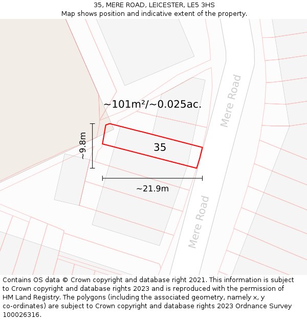 35, MERE ROAD, LEICESTER, LE5 3HS: Plot and title map
