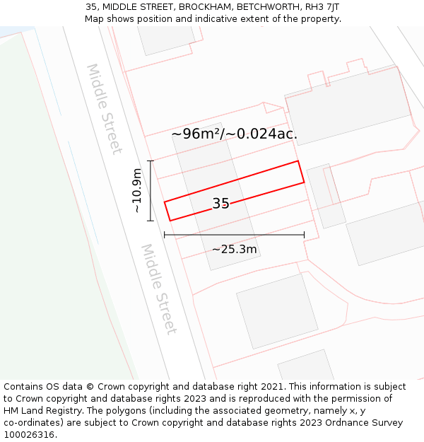 35, MIDDLE STREET, BROCKHAM, BETCHWORTH, RH3 7JT: Plot and title map