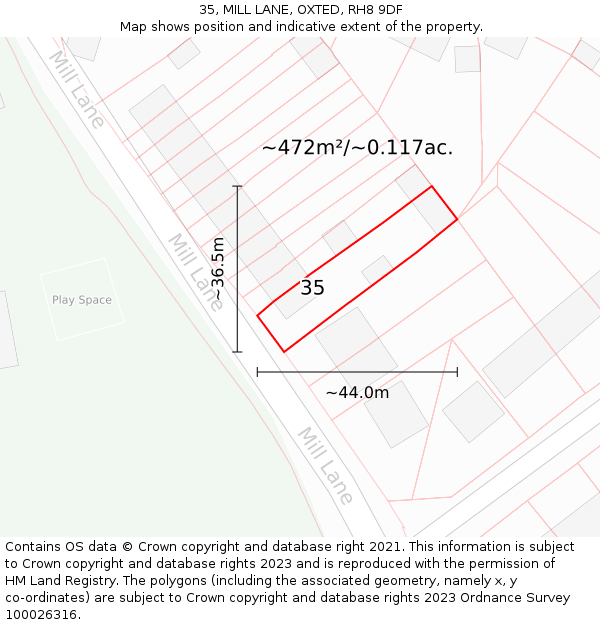 35, MILL LANE, OXTED, RH8 9DF: Plot and title map