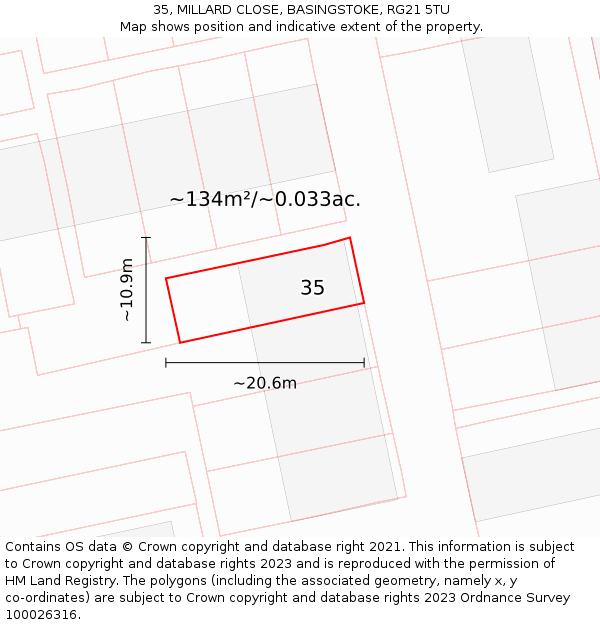 35, MILLARD CLOSE, BASINGSTOKE, RG21 5TU: Plot and title map