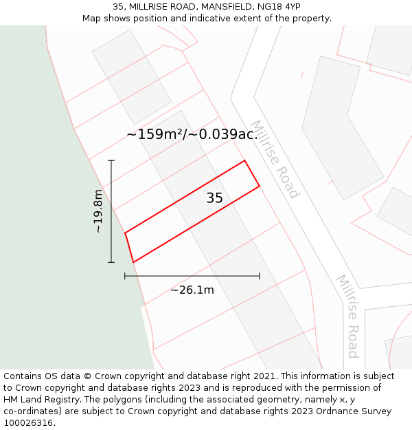 35, MILLRISE ROAD, MANSFIELD, NG18 4YP: Plot and title map