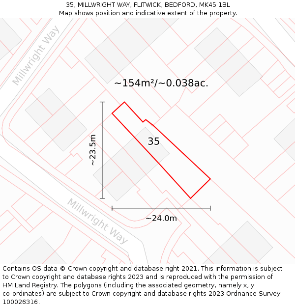 35, MILLWRIGHT WAY, FLITWICK, BEDFORD, MK45 1BL: Plot and title map