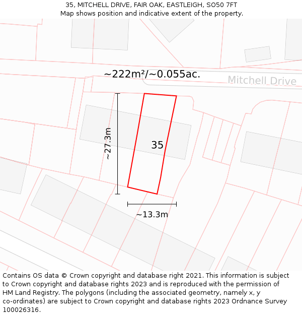 35, MITCHELL DRIVE, FAIR OAK, EASTLEIGH, SO50 7FT: Plot and title map