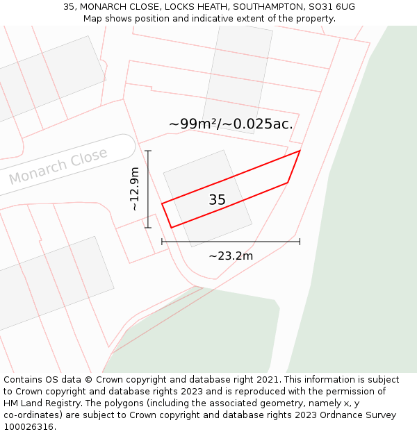35, MONARCH CLOSE, LOCKS HEATH, SOUTHAMPTON, SO31 6UG: Plot and title map