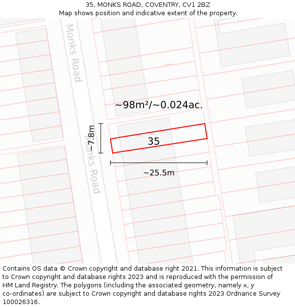 35, MONKS ROAD, COVENTRY, CV1 2BZ: Plot and title map