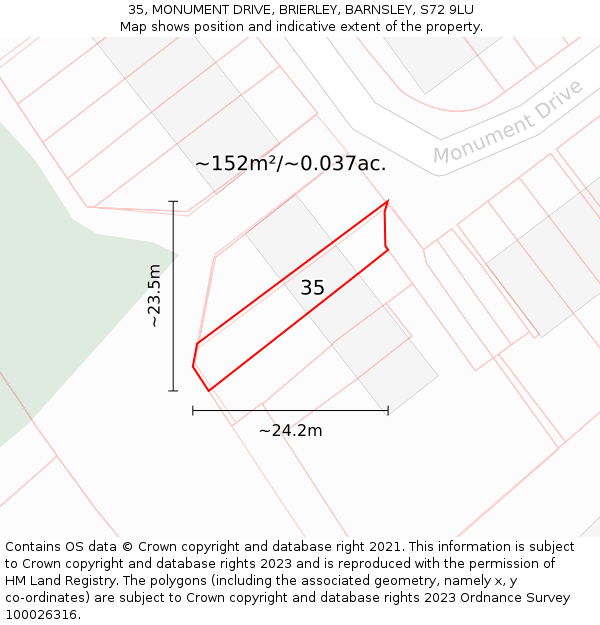 35, MONUMENT DRIVE, BRIERLEY, BARNSLEY, S72 9LU: Plot and title map