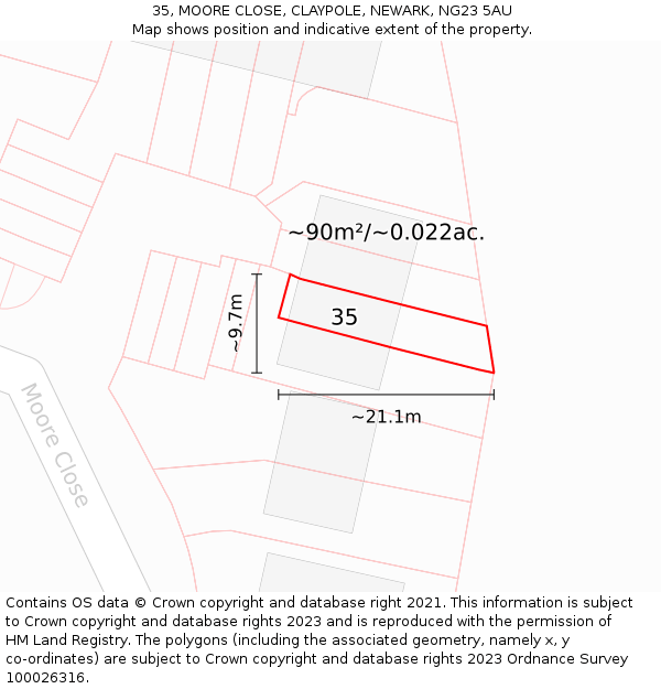 35, MOORE CLOSE, CLAYPOLE, NEWARK, NG23 5AU: Plot and title map