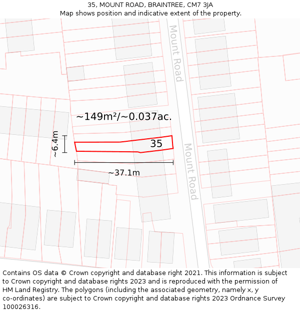 35, MOUNT ROAD, BRAINTREE, CM7 3JA: Plot and title map