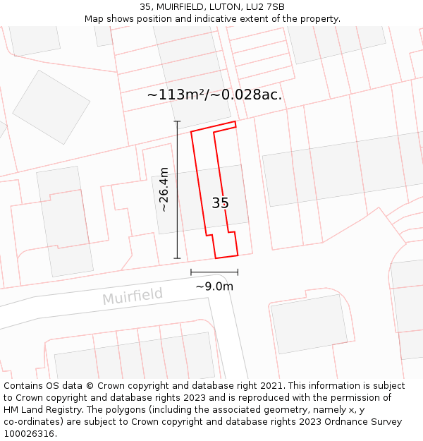 35, MUIRFIELD, LUTON, LU2 7SB: Plot and title map