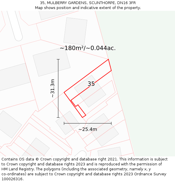 35, MULBERRY GARDENS, SCUNTHORPE, DN16 3FR: Plot and title map