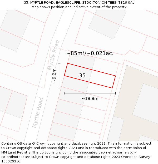 35, MYRTLE ROAD, EAGLESCLIFFE, STOCKTON-ON-TEES, TS16 0AL: Plot and title map