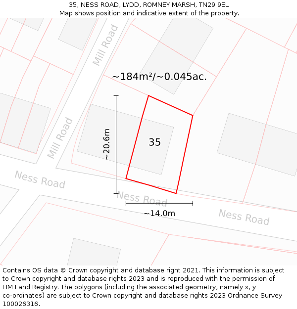 35, NESS ROAD, LYDD, ROMNEY MARSH, TN29 9EL: Plot and title map