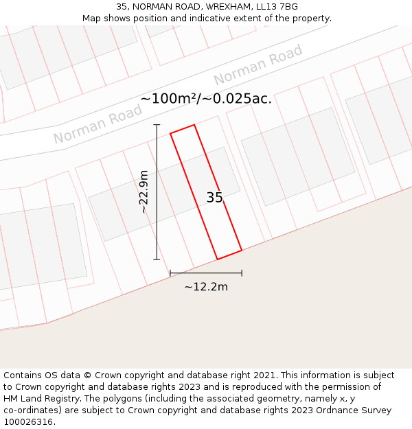35, NORMAN ROAD, WREXHAM, LL13 7BG: Plot and title map