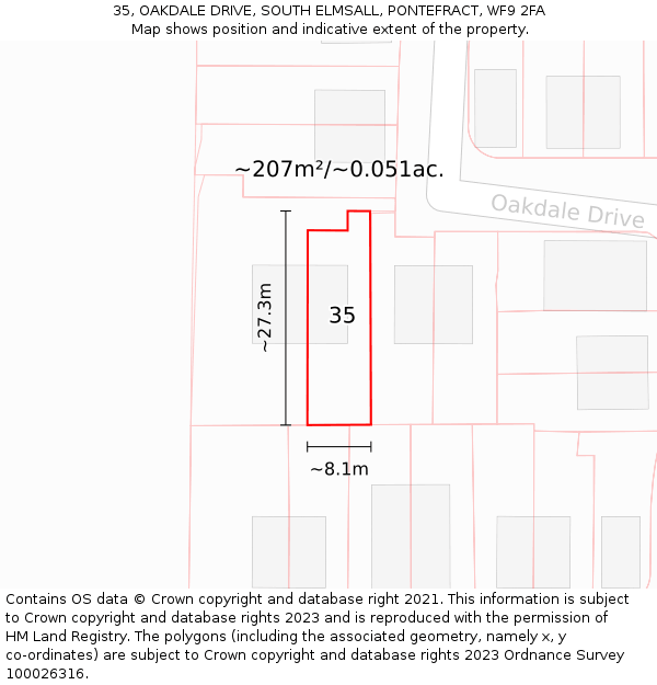 35, OAKDALE DRIVE, SOUTH ELMSALL, PONTEFRACT, WF9 2FA: Plot and title map