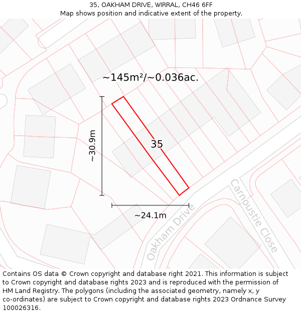35, OAKHAM DRIVE, WIRRAL, CH46 6FF: Plot and title map
