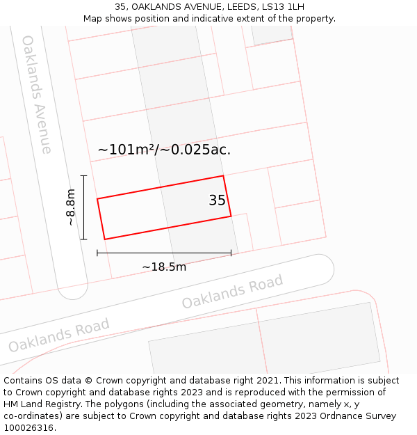 35, OAKLANDS AVENUE, LEEDS, LS13 1LH: Plot and title map