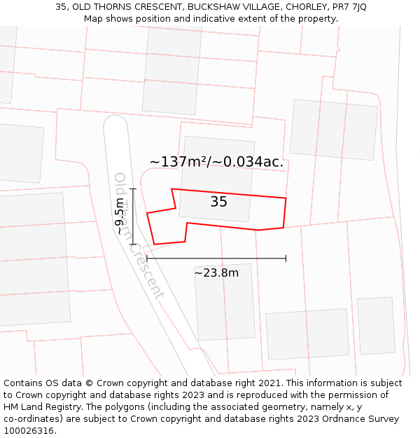 35, OLD THORNS CRESCENT, BUCKSHAW VILLAGE, CHORLEY, PR7 7JQ: Plot and title map