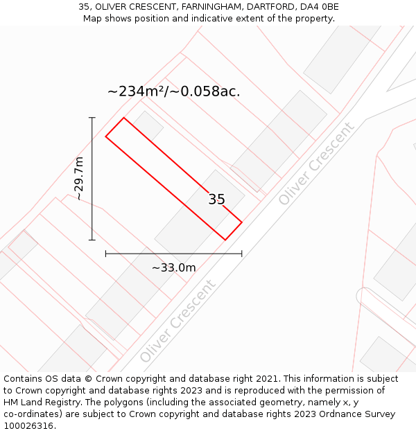 35, OLIVER CRESCENT, FARNINGHAM, DARTFORD, DA4 0BE: Plot and title map