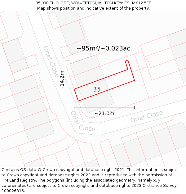 35, ORIEL CLOSE, WOLVERTON, MILTON KEYNES, MK12 5FE: Plot and title map