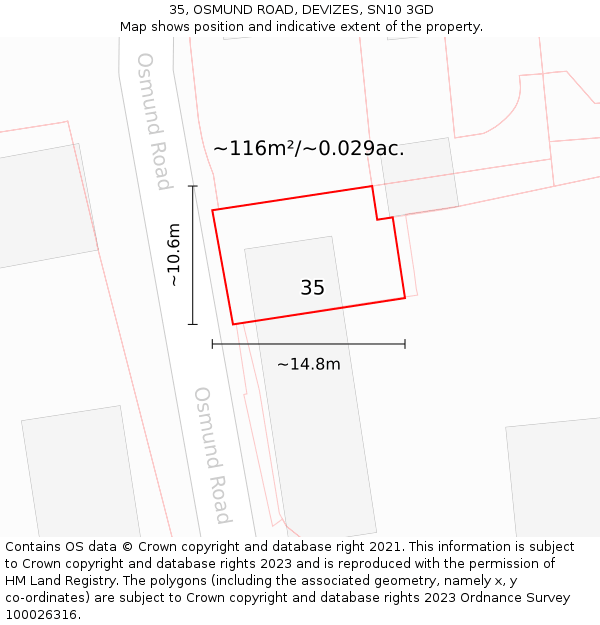 35, OSMUND ROAD, DEVIZES, SN10 3GD: Plot and title map