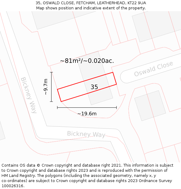 35, OSWALD CLOSE, FETCHAM, LEATHERHEAD, KT22 9UA: Plot and title map