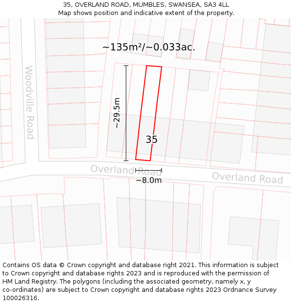 35, OVERLAND ROAD, MUMBLES, SWANSEA, SA3 4LL: Plot and title map