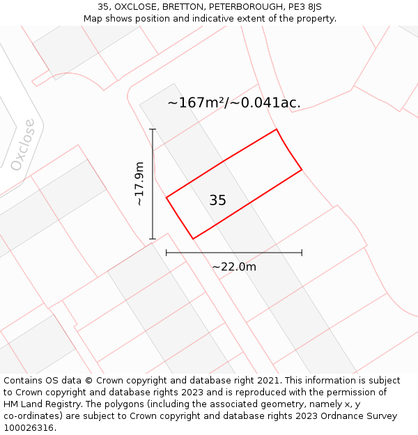 35, OXCLOSE, BRETTON, PETERBOROUGH, PE3 8JS: Plot and title map