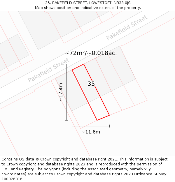 35, PAKEFIELD STREET, LOWESTOFT, NR33 0JS: Plot and title map