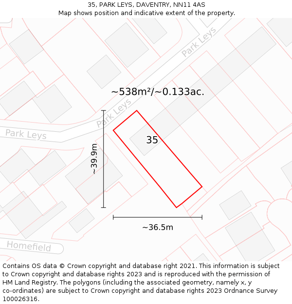 35, PARK LEYS, DAVENTRY, NN11 4AS: Plot and title map
