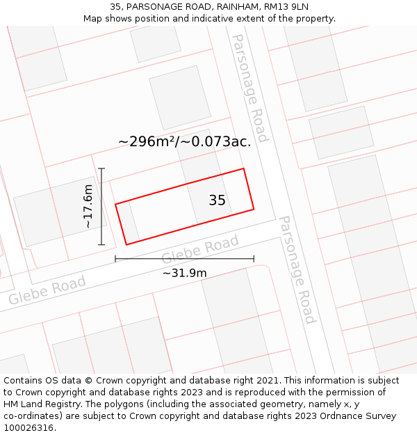 35, PARSONAGE ROAD, RAINHAM, RM13 9LN: Plot and title map